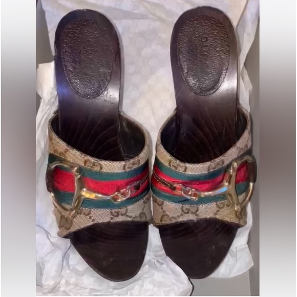 GUCCI
Beige/Ebony GG Canvas Vintage Web Horsebit Wood Mule Slide Sandals - Picture 12 of 17